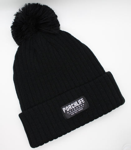 black pom-pom beanie